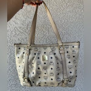MCM Cream Tote with Leather Straps and Metal Accents